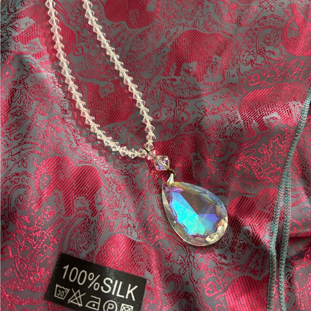 Vintage Crystal aurora borealis Teardrop Pendant Necklace & elephant silk scarf